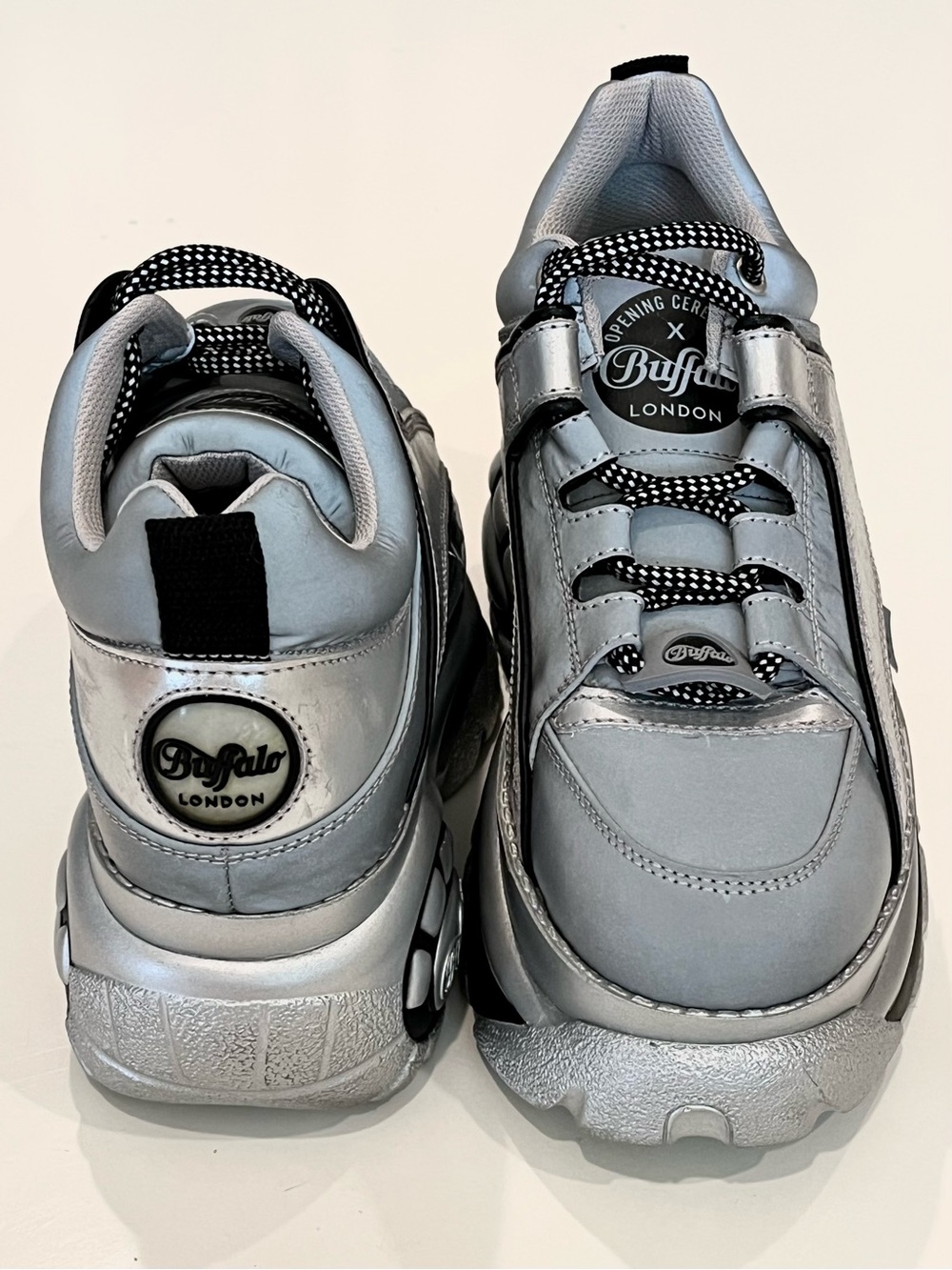 Buffalo London/Opening Ceremony Silver & Black Classic Platform Sneakers, Size 8